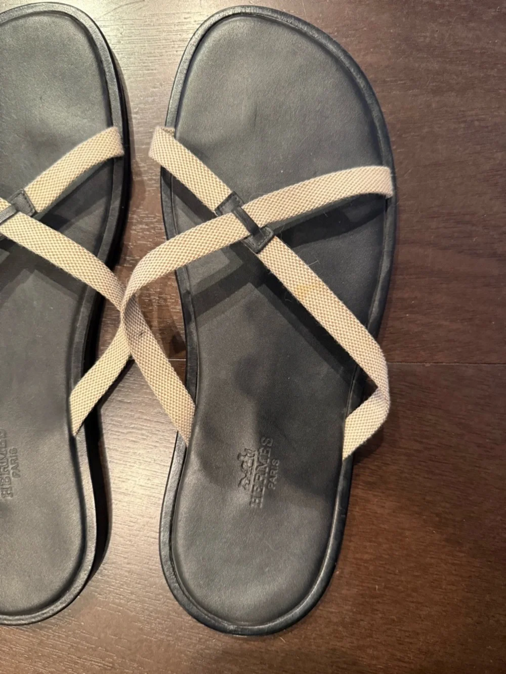 Hermes Black Leather Sandals with Beige Straps